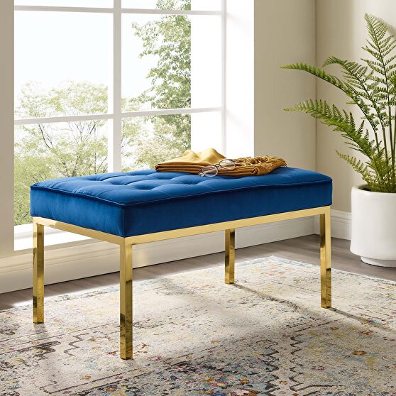 Gold stainless steel leg medium performance velvet bench in gold navy