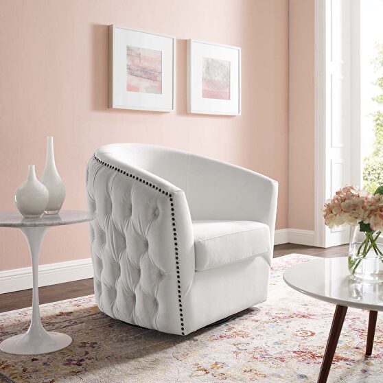 Swivel performance velvet armchair in white