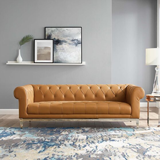 Tufted button upholstered leather chesterfield sofa in tan