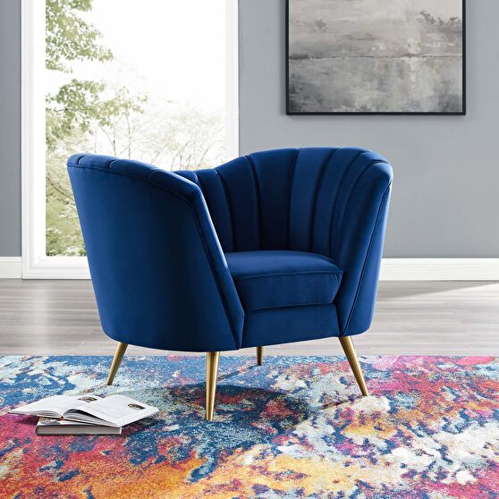 Vertical channel tufted curved performance velvet chair in navy