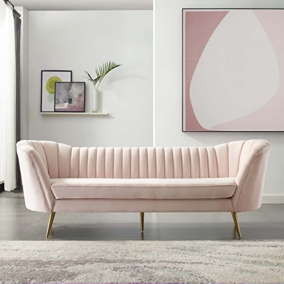 Vertical channel tufted curved performance velvet sofa in pink