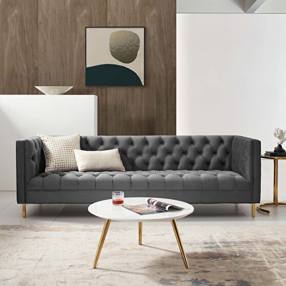 Tufted button performance velvet sofa in gray