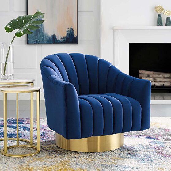 Vertical channel tufted accent lounge performance velvet swivel chair in navy