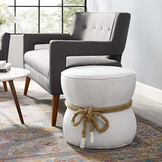 Nautical rope upholstered fabric ottoman in white