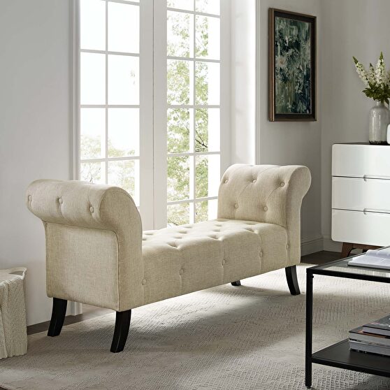 Button tufted accent upholstered fabric bench in beige