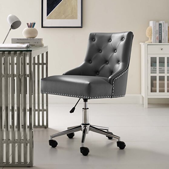 Tufted button swivel faux leather office chair in gray