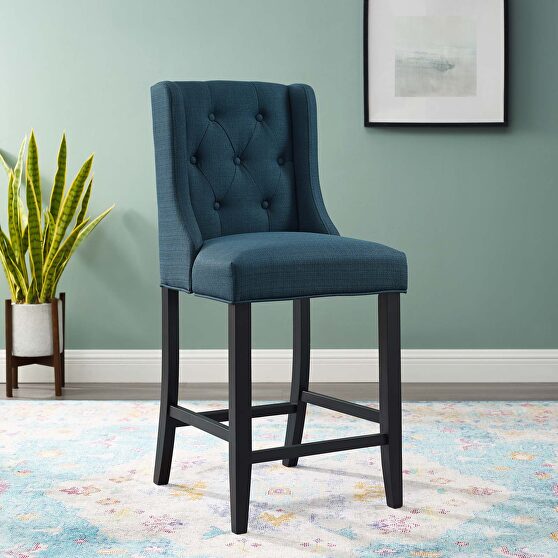 Tufted button upholstered fabric counter stool in azure