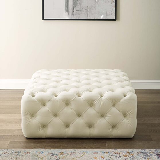 Tufted button large square performance velvet ottoman in ivory