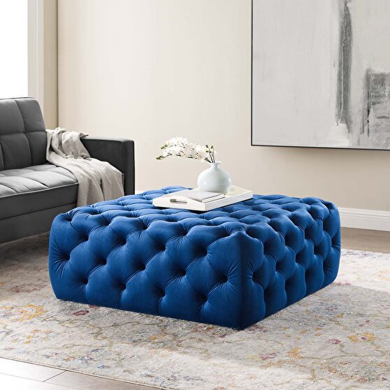Tufted button large square performance velvet ottoman in navy