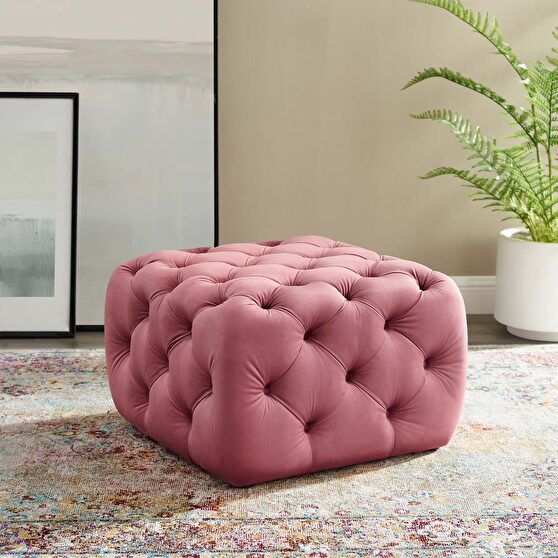 Tufted button square performance velvet ottoman in dusty rose