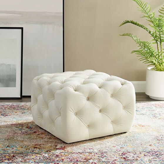 Tufted button square performance velvet ottoman in ivory