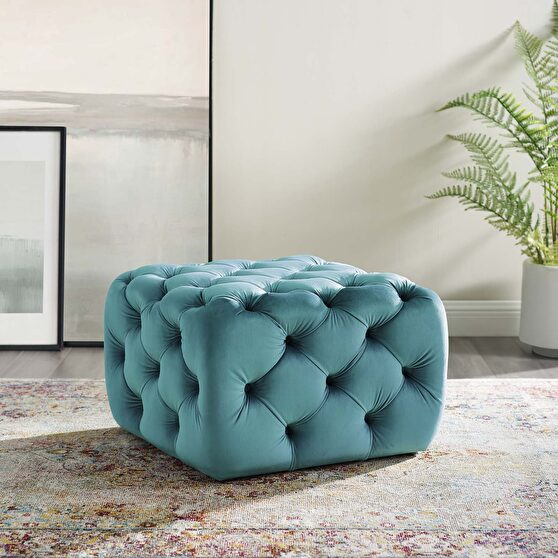 Tufted button square performance velvet ottoman in sea blue