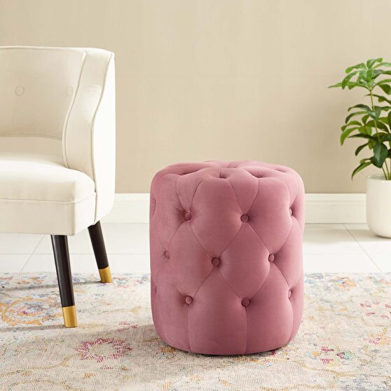 Tufted button round performance velvet ottoman in dusty rose