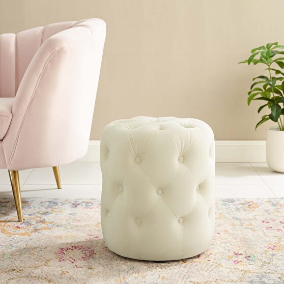 Tufted button round performance velvet ottoman in ivory