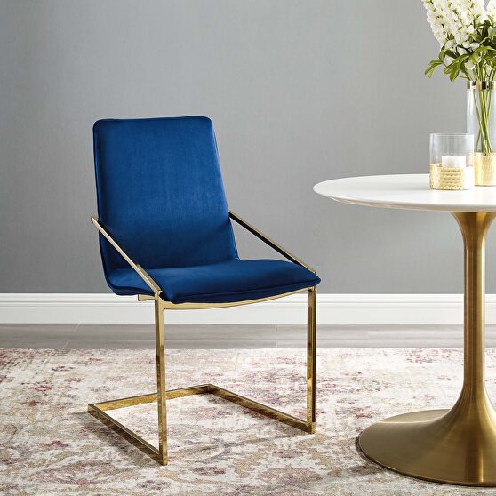 Performance velvet dining armchair in gold navy
