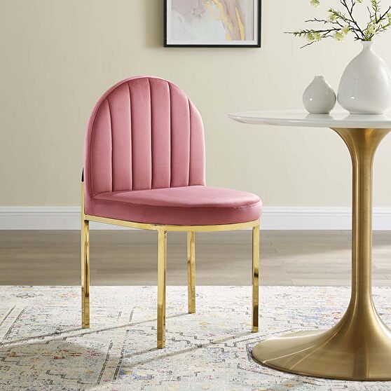 Channel tufted performance velvet dining side chair in gold dusty rose