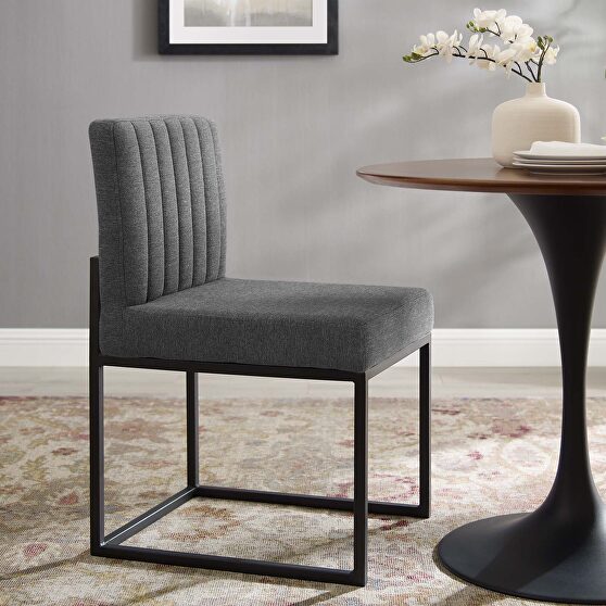 Channel tufted sled base upholstered fabric dining chair in black charcoal