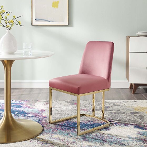 Sled base performance velvet dining side chair in gold dusty rose