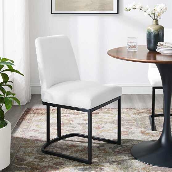 Sled base upholstered fabric dining side chair in black white