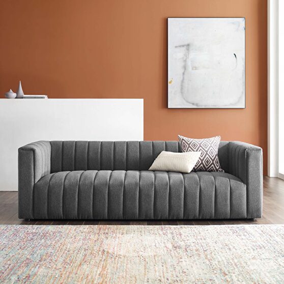 Channel tufted upholstered fabric sofa in charcoal