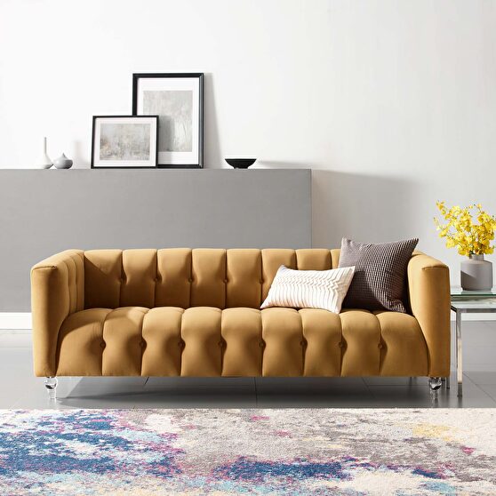 Channel tufted button performance velvet sofa in cognac