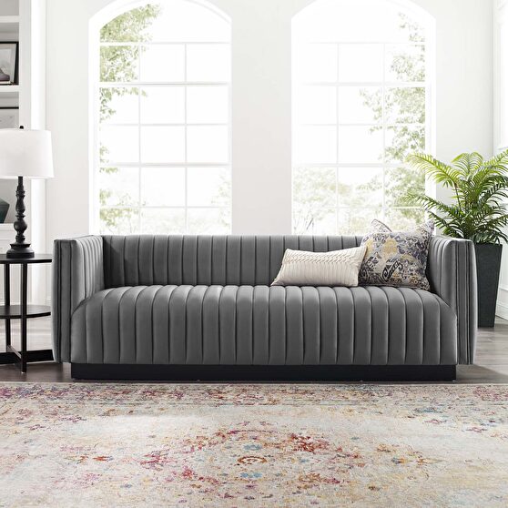 Channel tufted velvet sofa in gray