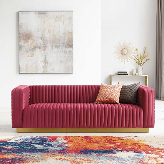 Channel tufted performance velvet living room sofa in maroon