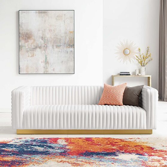 Channel tufted performance velvet living room sofa in white