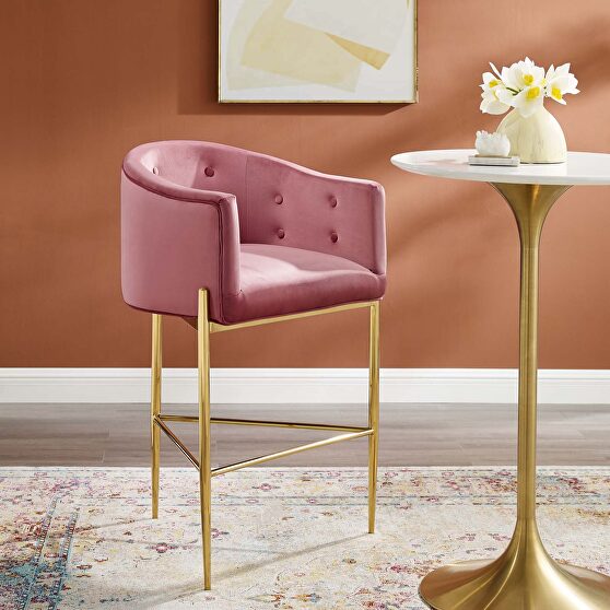 Tufted performance velvet bar stool in dusty rose