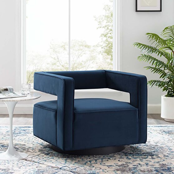 Performance velvet swivel armchair in midnight blue