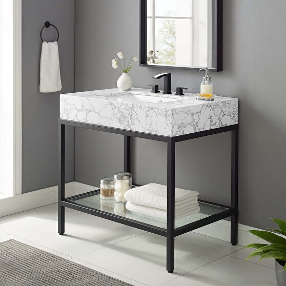 Stainless steel bathroom vanity in black and white