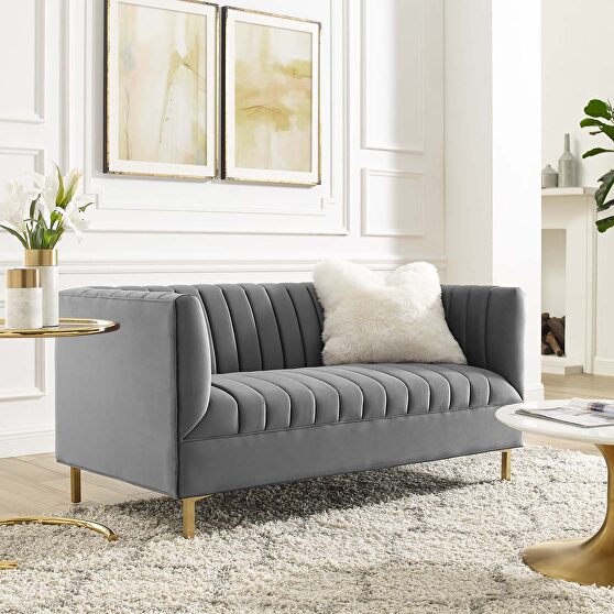 Channel tufted performance velvet loveseat in gray
