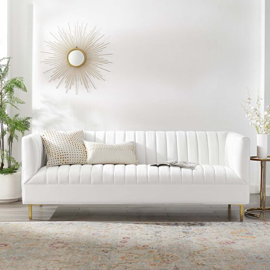 Channel tufted performance velvet sofa in white
