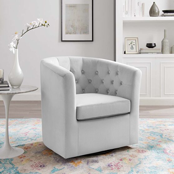 Tufted performance velvet swivel armchair in light gray