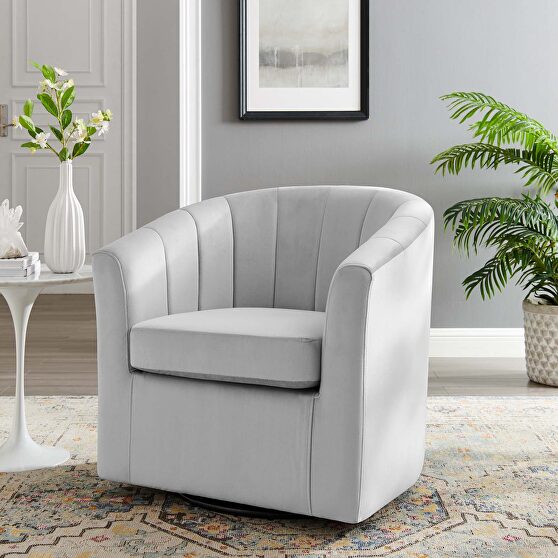 Performance velvet swivel armchair in light gray