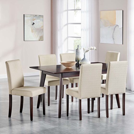 7 piece upholstered fabric dining set in cappuccino beige
