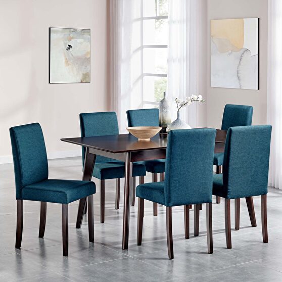 7 piece upholstered fabric dining set in cappuccino blue