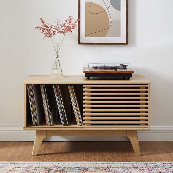 Vinyl record sliding slatted door display stand in oak