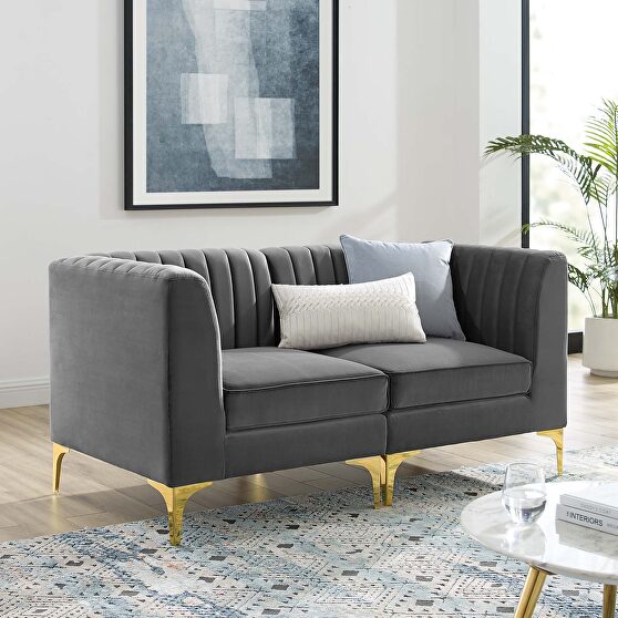 Channel tufted performance velvet loveseat in gray