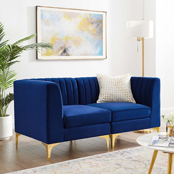 Channel tufted performance velvet loveseat in navy