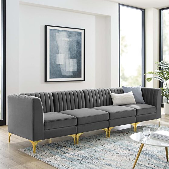 Channel tufted gray performance velvet 4pcs sectional sofa