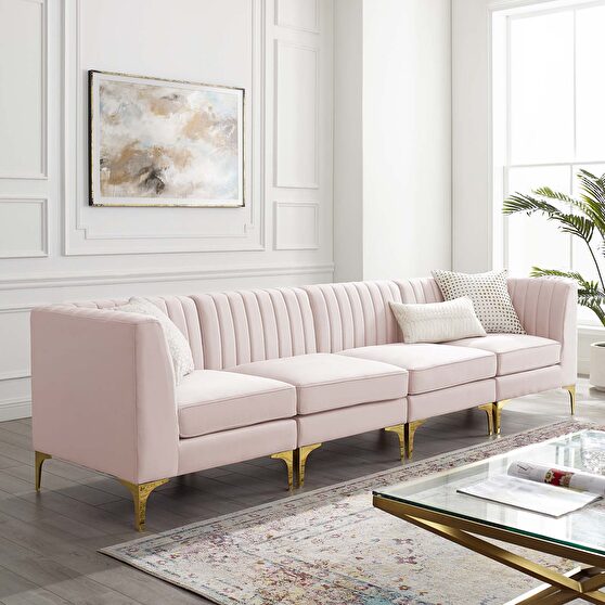 Channel tufted pink performance velvet 4pcs sectional sofa