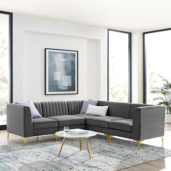 Channel tufted gray performance velvet 5pcs sectional sofa