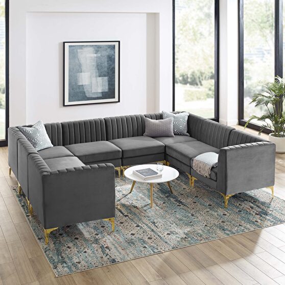 Channel tufted gray performance velvet 8pcs sectional sofa
