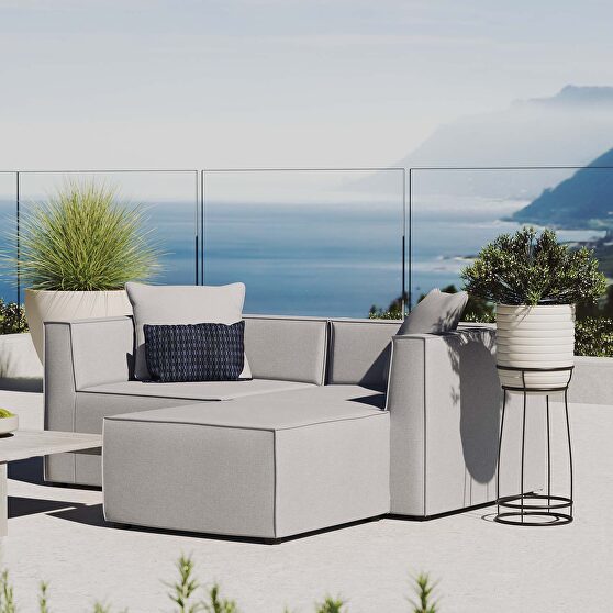 Outdoor patio upholstered loveseat and ottoman set in gray