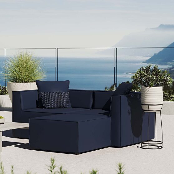 Outdoor patio upholstered loveseat and ottoman set in navy