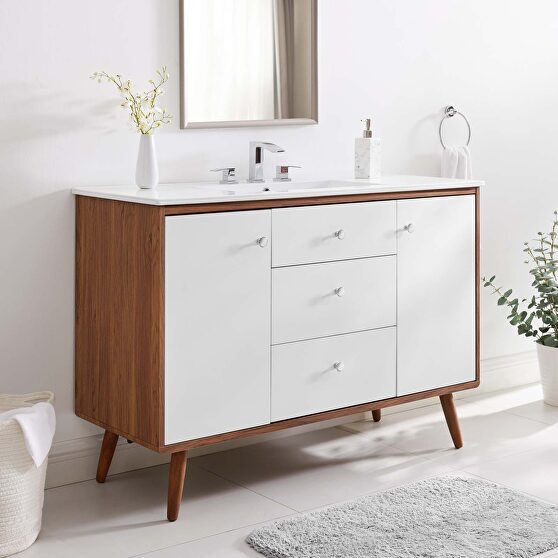 Single sink bathroom vanity in walnut white