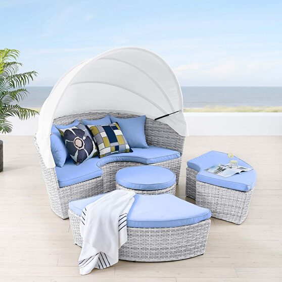 Canopy outdoor patio daybed in light gray/ light blue finish