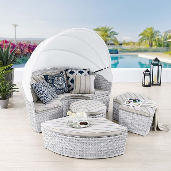 Canopy sunbrella outdoor patio daybed in light gray/ pebble finish