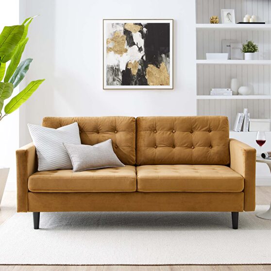 Tufted performance velvet sofa in cognac